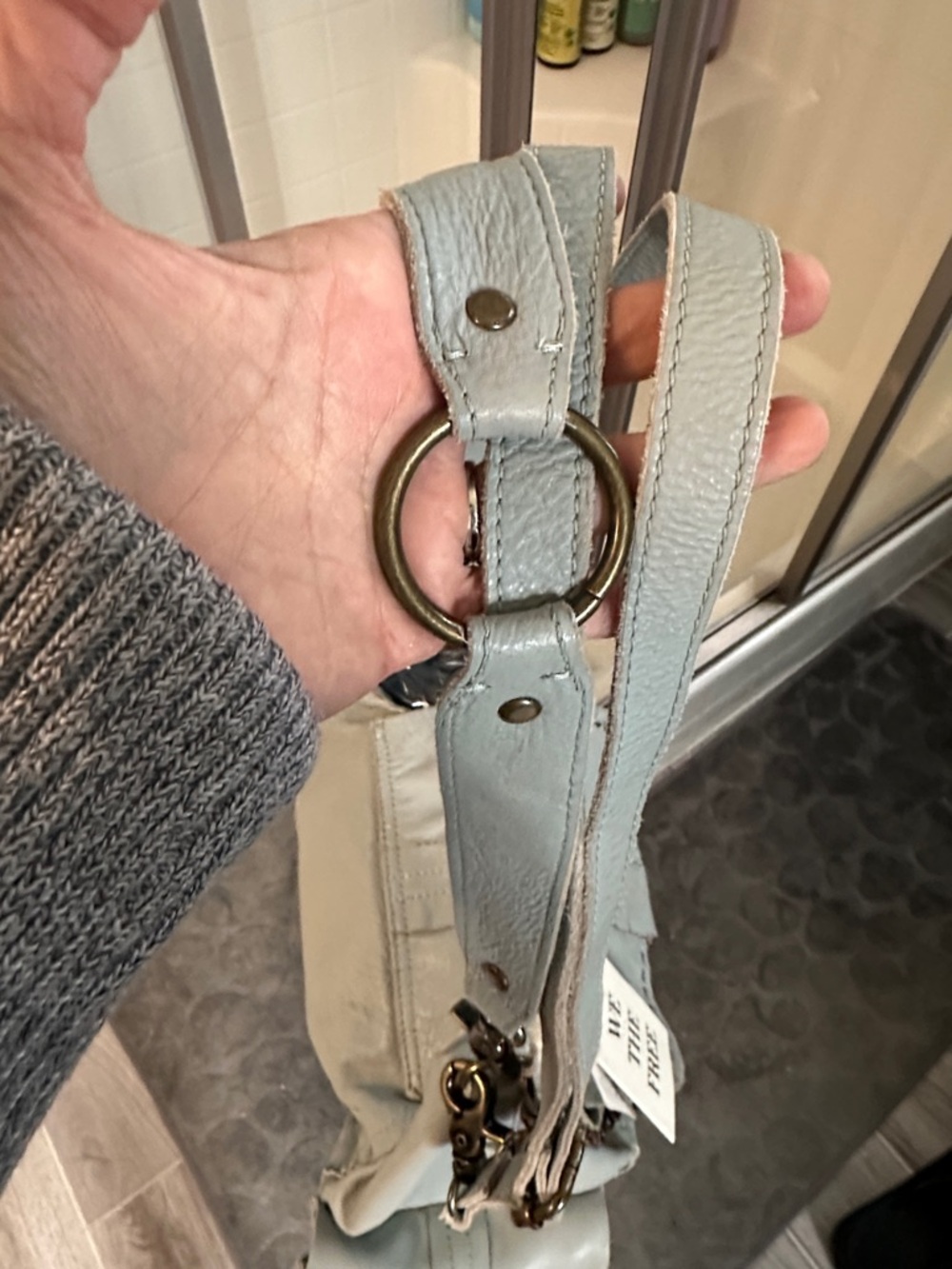 Free People We The Free Leigh Distressed bag aqua haze NWT +brass lock key chain - Picture 13 of 13